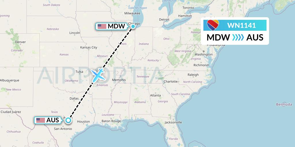 WN1141 Southwest Airlines Flight Map: Chicago to Austin