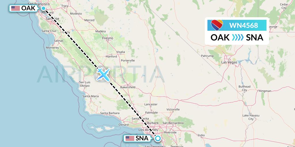 WN4568 Southwest Airlines Flight Map: Oakland to Orange County