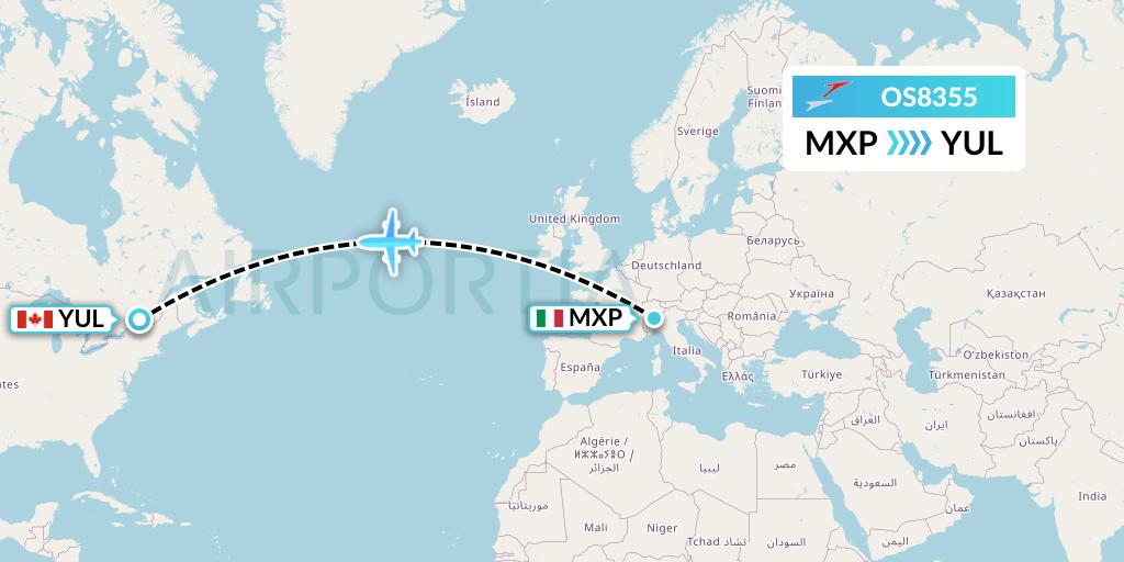 OS8355 Austrian Airlines Flight Map: Milan to Montreal