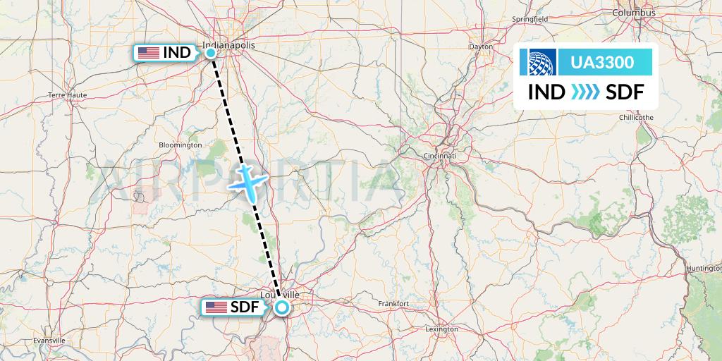 UA3300 United Airlines Flight Map: Indianapolis to Louisville