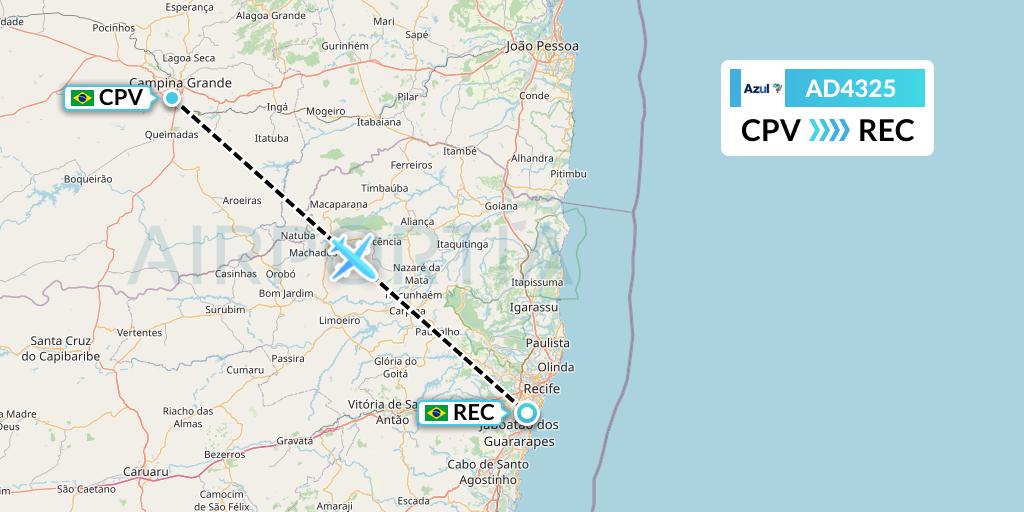 AD4325 Azul Brazilian Airlines Flight Map: Campina Grande to Recife