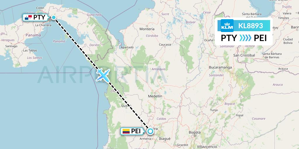 KL8893 KLM Flight Map: Panama City to Pereira