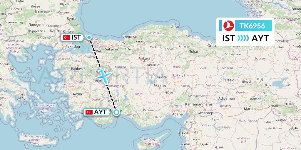 TK6956 Turkish Airlines Flight Map: Istanbul to Antalya