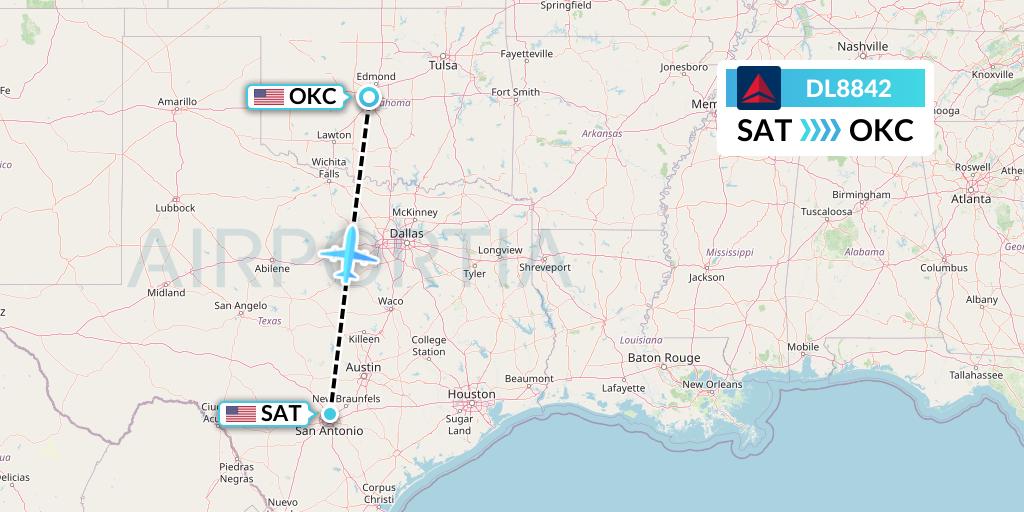 DL8842 Delta Air Lines Flight Map: San Antonio to Oklahoma City