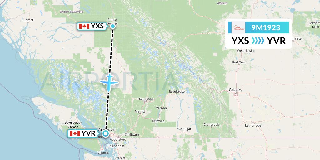 9M1923 Central Mountain Air Flight Map: Prince George to Vancouver
