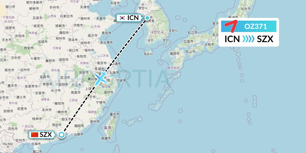 OZ371 Asiana Airlines Flight Map: Seoul to Shenzhen