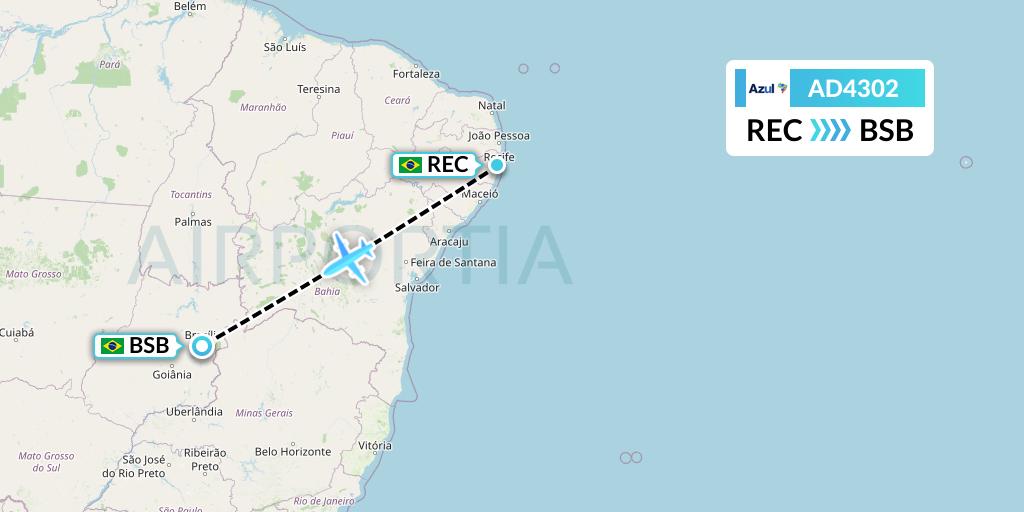 AD4302 Azul Brazilian Airlines Flight Map: Recife to Brasilia