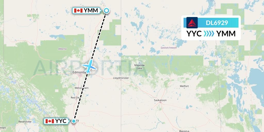 DL6929 Delta Air Lines Flight Map: Calgary to Fort McMurray