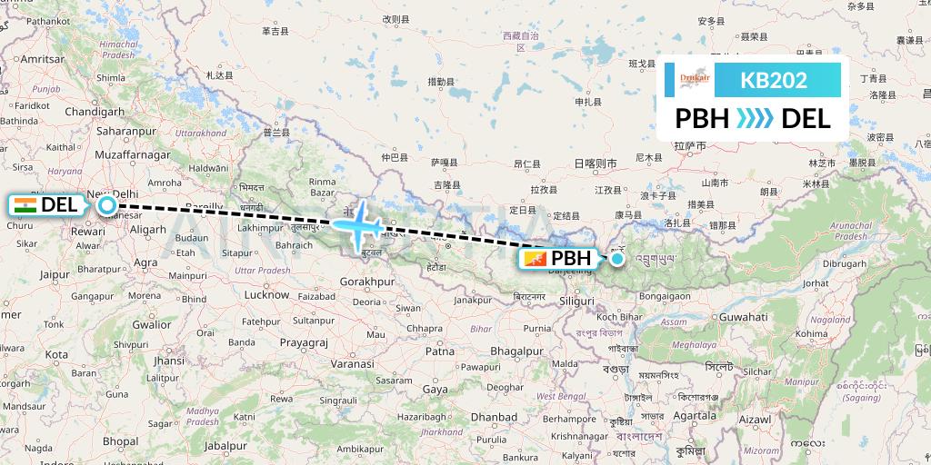 KB202 Druk Air Flight Map: Paro to Delhi