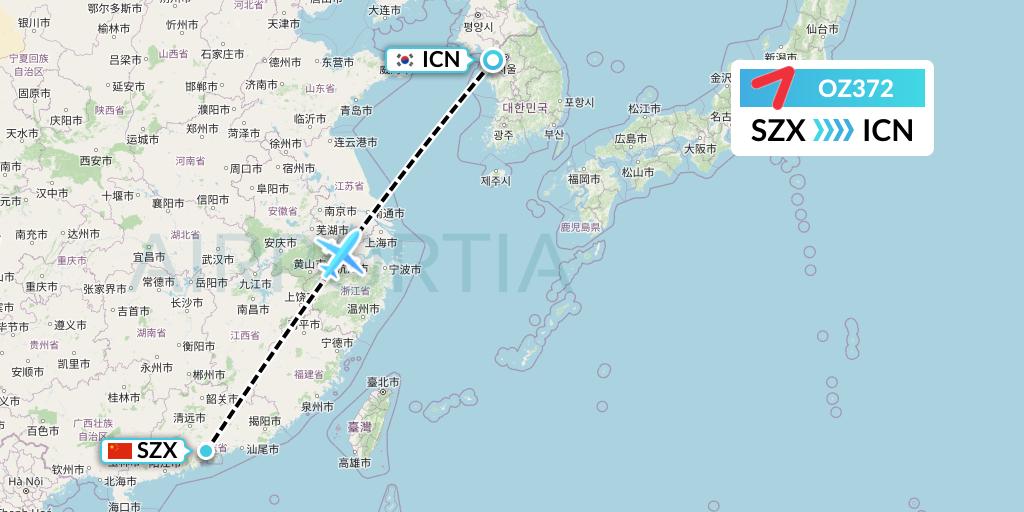 OZ372 Asiana Airlines Flight Map: Shenzhen to Seoul