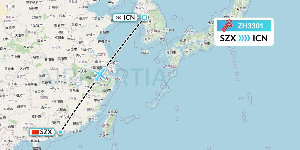 ZH3301 Shenzhen Airlines Flight Map: Shenzhen to Seoul