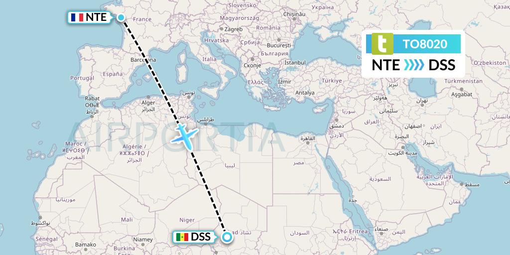 TO8020 Transavia France Flight Map: Nantes to Dakar