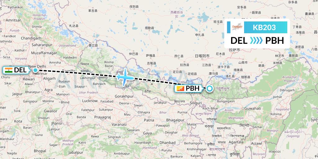 KB203 Druk Air Flight Map: Delhi to Paro