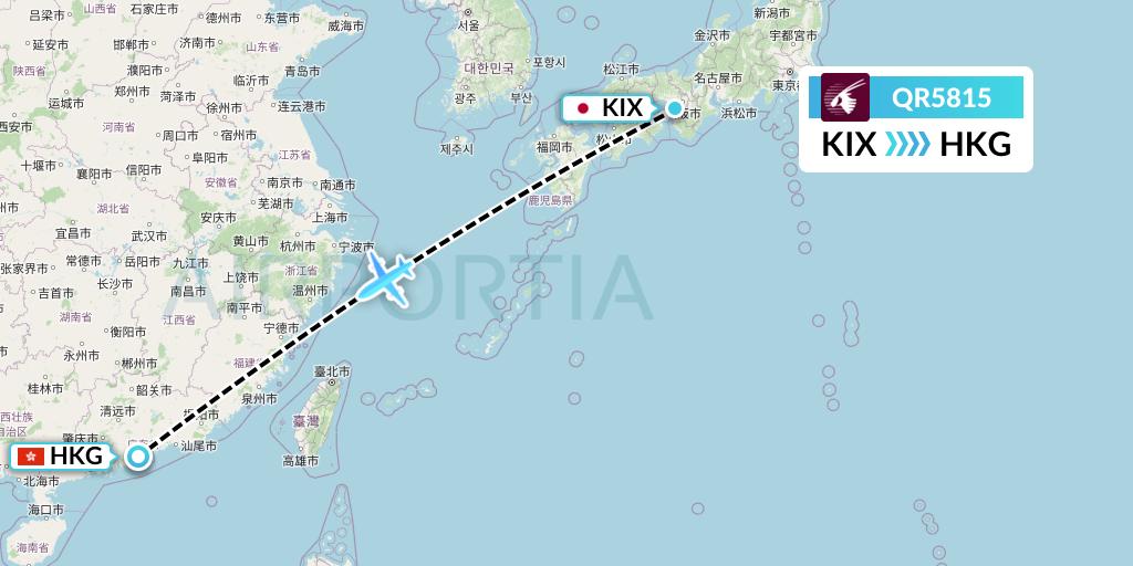 QR5815 Qatar Airways Flight Map: Osaka to Hong Kong