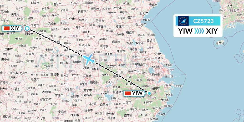 CZ5723 China Southern Airlines Flight Map: Yiwu to Xi'an