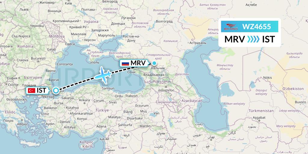 WZ4655 Red Wings Flight Map: Mineralnye Vody to Istanbul