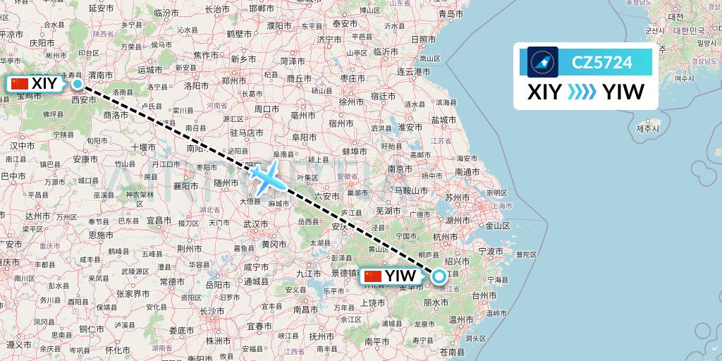 CZ5724 China Southern Airlines Flight Map: Xi'an to Yiwu