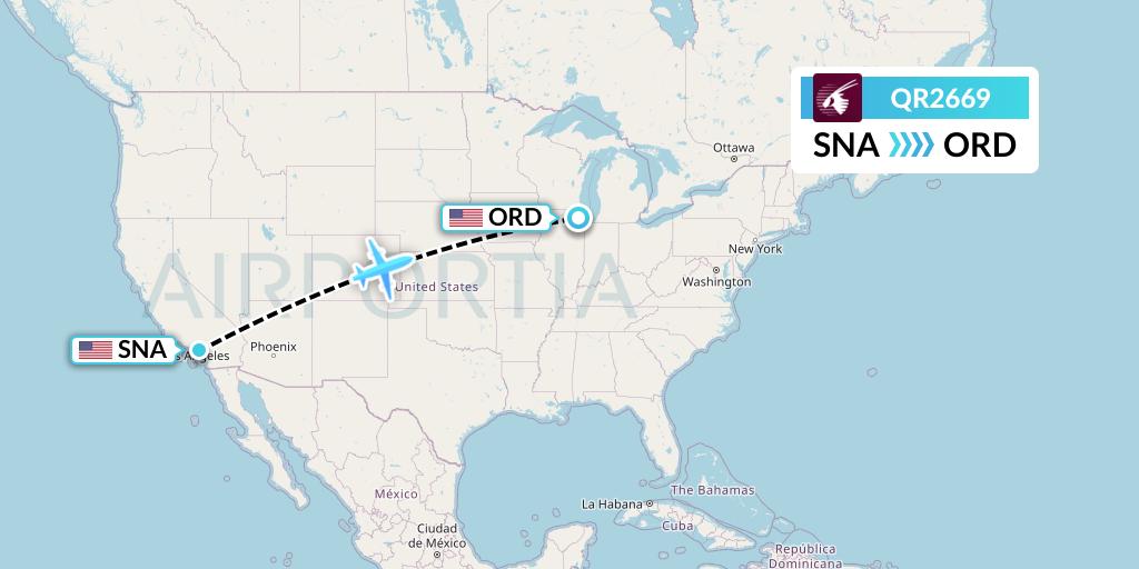 QR2669 Qatar Airways Flight Map: Orange County to Chicago