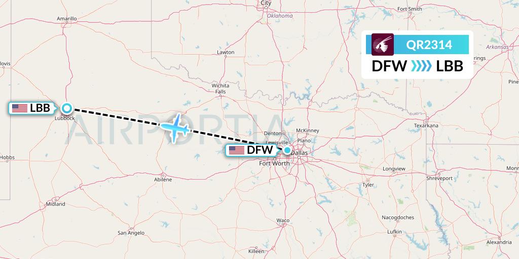 QR2314 Qatar Airways Flight Map: Dallas to Lubbock