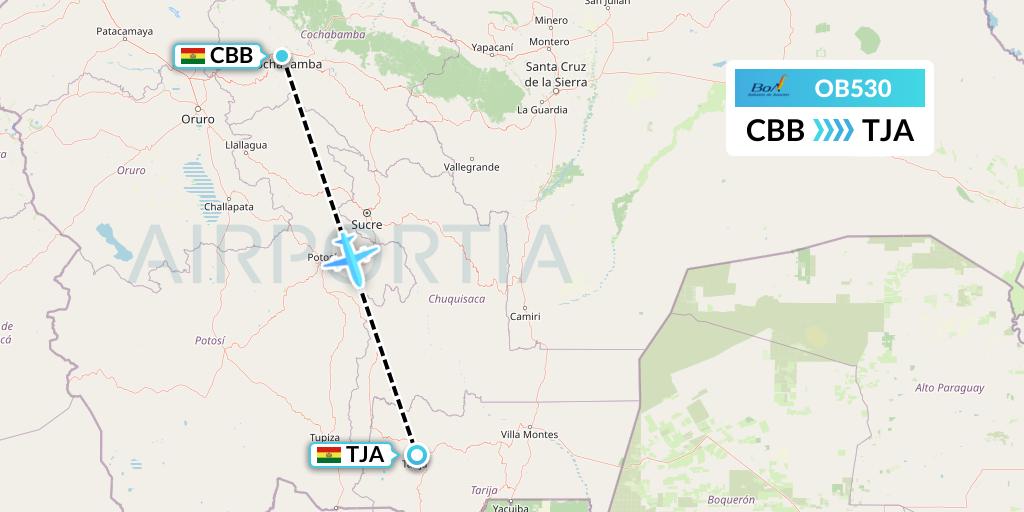 OB530 Boliviana de Aviacion Flight Map: Cochabamba to Tarija