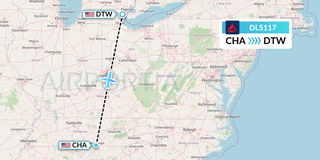 DL5117 Delta Air Lines Flight Map: Chattanooga to Detroit
