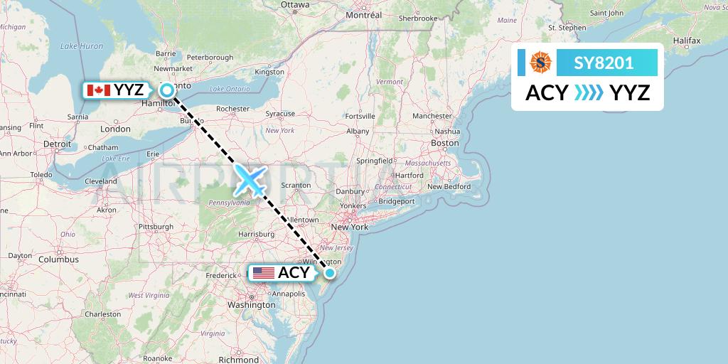 SY8201 Sun Country Airlines Flight Map: Atlantic City to Toronto
