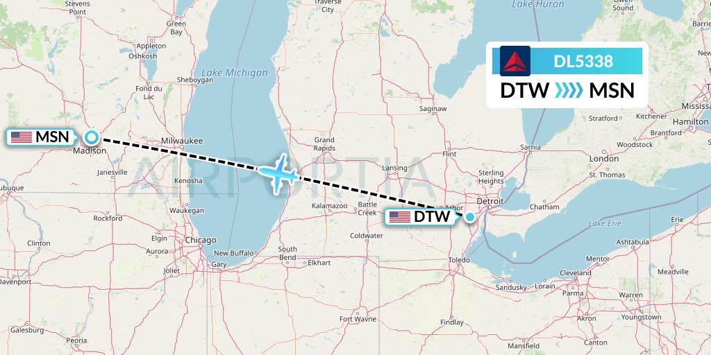 DL5338 Delta Air Lines Flight Map: Detroit to Madison
