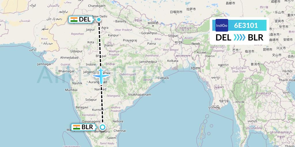 6E3101 IndiGo Airlines Flight Map: Delhi to Bangalore