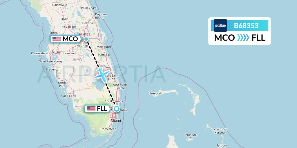 B68353 JetBlue Airways Flight Map: Orlando to Fort Lauderdale