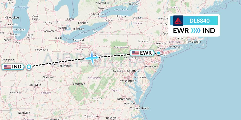 DL8840 Delta Air Lines Flight Map: New York to Indianapolis