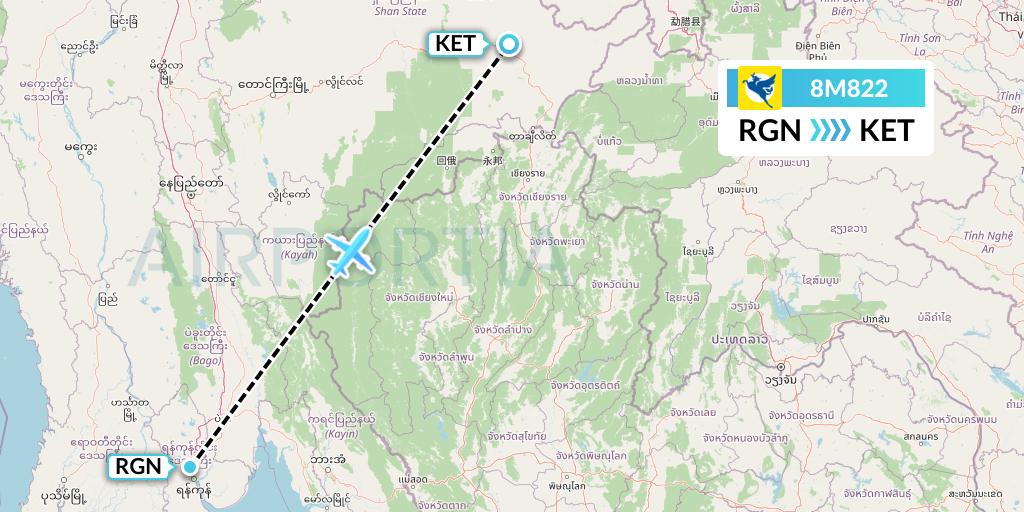 8M822 Myanmar Airways International Flight Map: Yangon to Kengtung