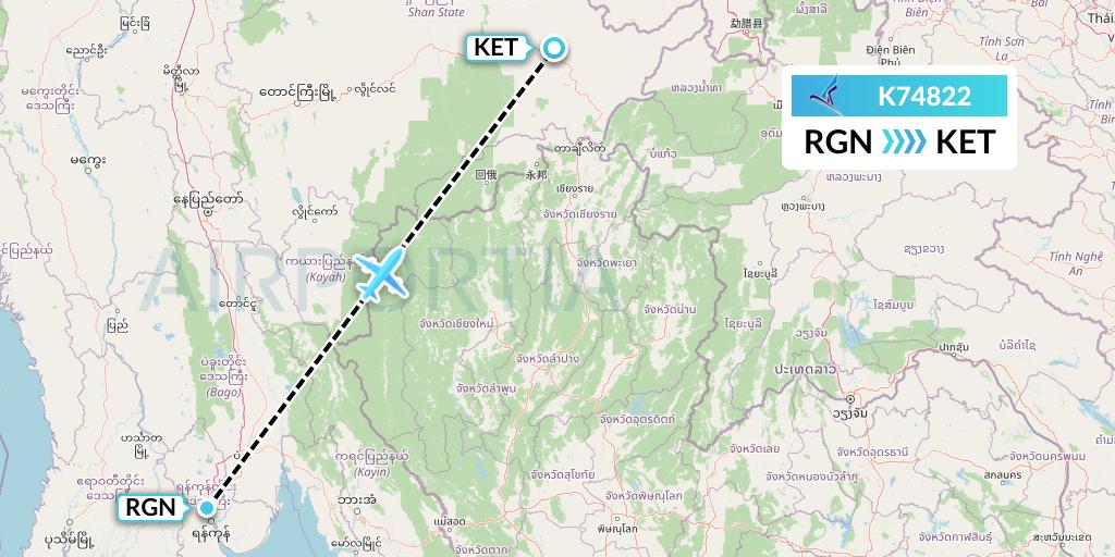 K74822 Air KBZ Flight Map: Yangon to Kengtung