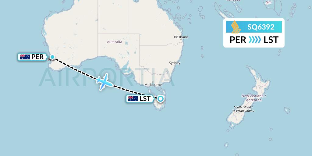 SQ6392 Singapore Airlines Flight Map: Perth to Launceston