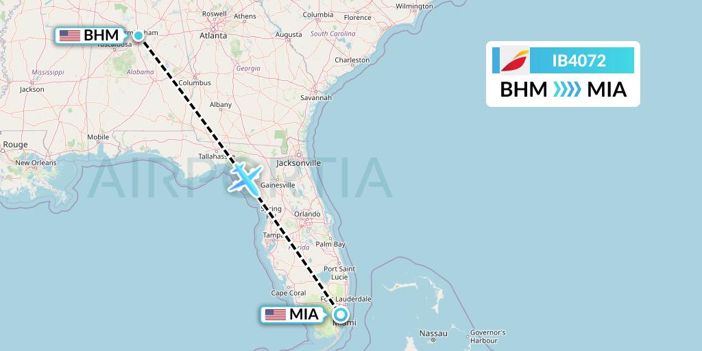 IB4072 Iberia Flight Map: Birmingham to Miami