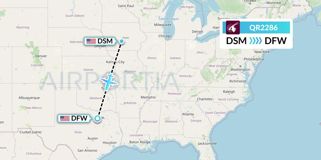 QR2286 Qatar Airways Flight Map: Des Moines to Dallas