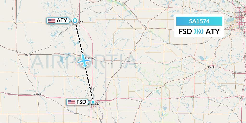 5A1574 Alpine Air Express Flight Map: Sioux Falls to Watertown