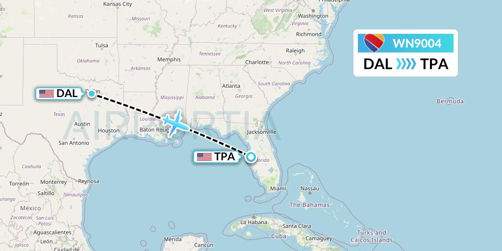 WN9004 Southwest Airlines Flight Map: Dallas to Tampa
