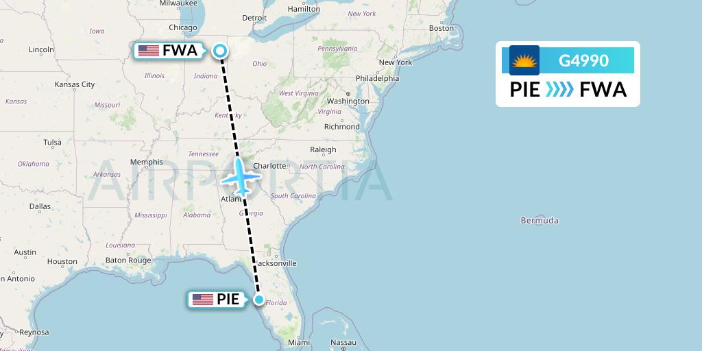 G4990 Allegiant Air Flight Map: St. Petersburg to Fort Wayne