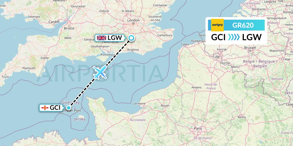 GR620 Aurigny Air Services Flight Map: Guernsey to London