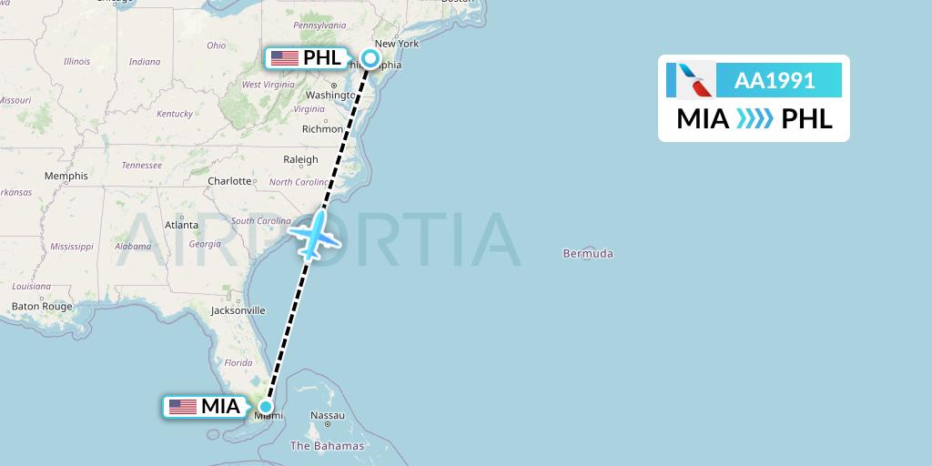 AA1991 American Airlines Flight Map: Miami to Philadelphia