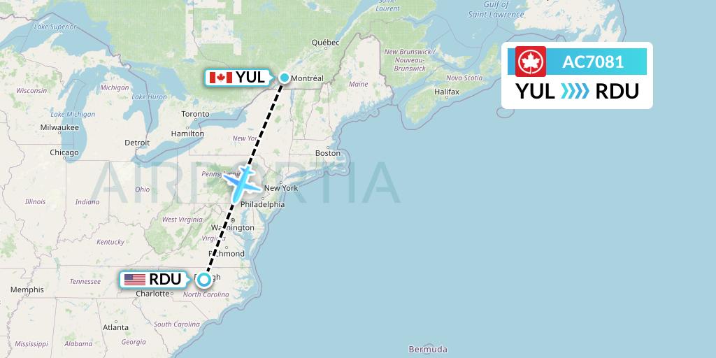 AC7081 Air Canada Flight Map: Montreal to Raleigh-Durham