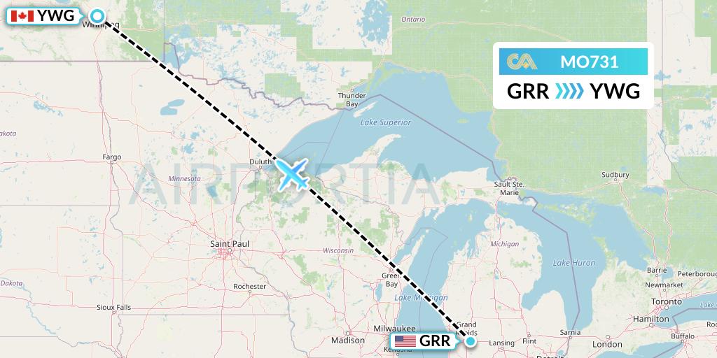 MO731 Calm Air Flight Map: Grand Rapids to Winnipeg