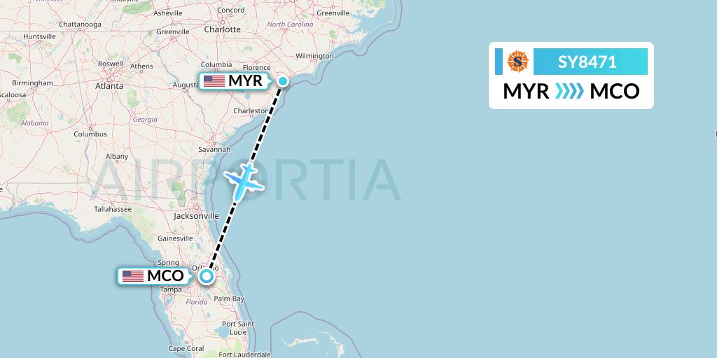 SY8471 Sun Country Airlines Flight Map: Myrtle Beach to Orlando