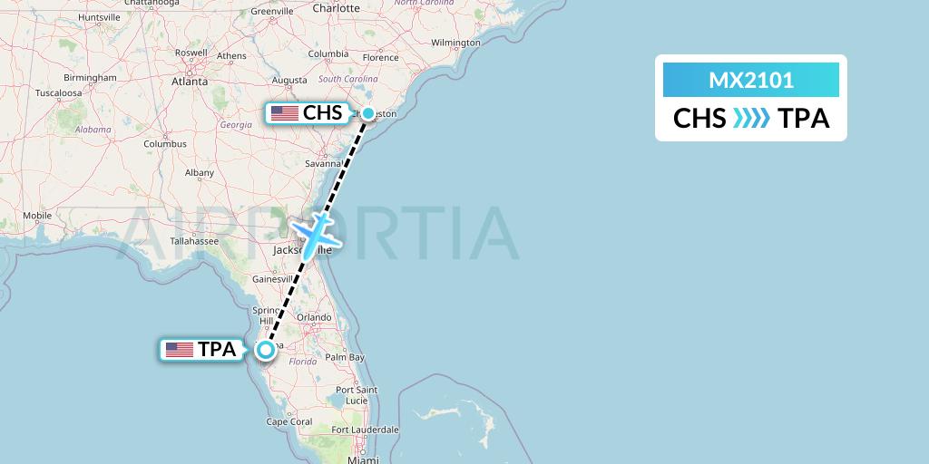 MX2101 Breeze Airways Flight Map: Charleston to Tampa