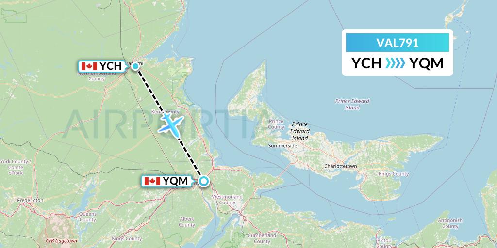VAL791 Voyageur Airlines Flight Map: Miramichi to Moncton