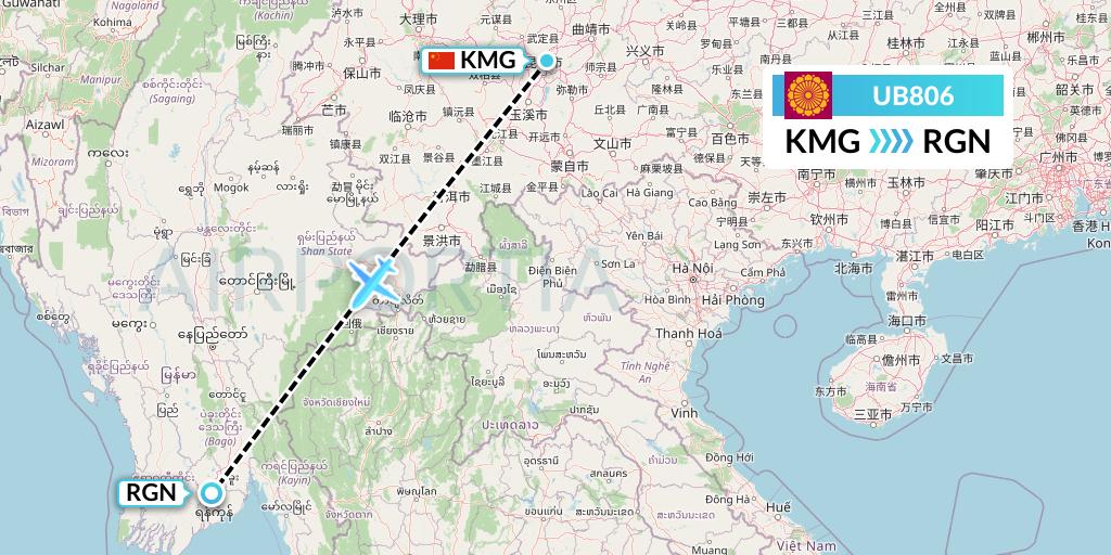 UB806 Myanmar National Airlines Flight Map: Kunming to Yangon