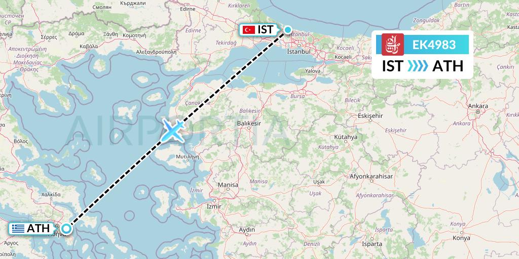 EK4983 Emirates Flight Map: Istanbul to Athens
