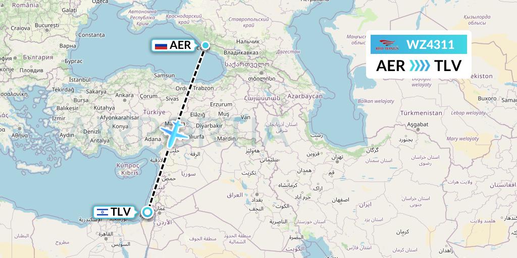 WZ4311 Red Wings Flight Map: Sochi to Tel Aviv