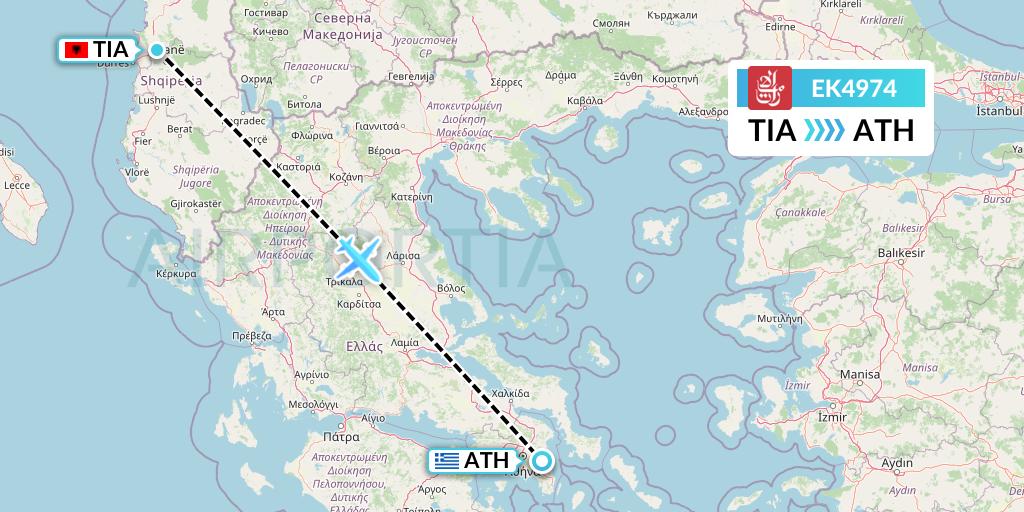 EK4974 Emirates Flight Map: Tirana to Athens
