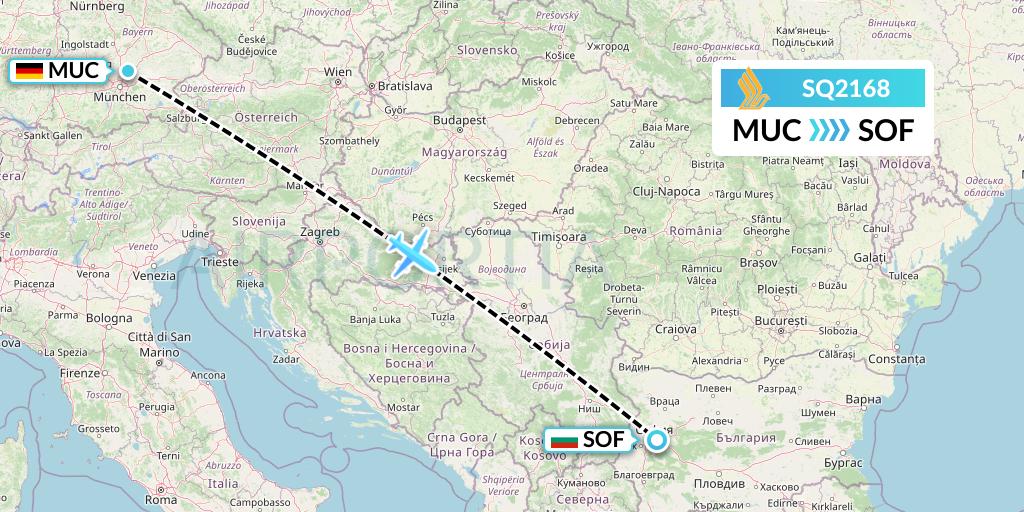 SQ2168 Singapore Airlines Flight Map: Munich to Sofia